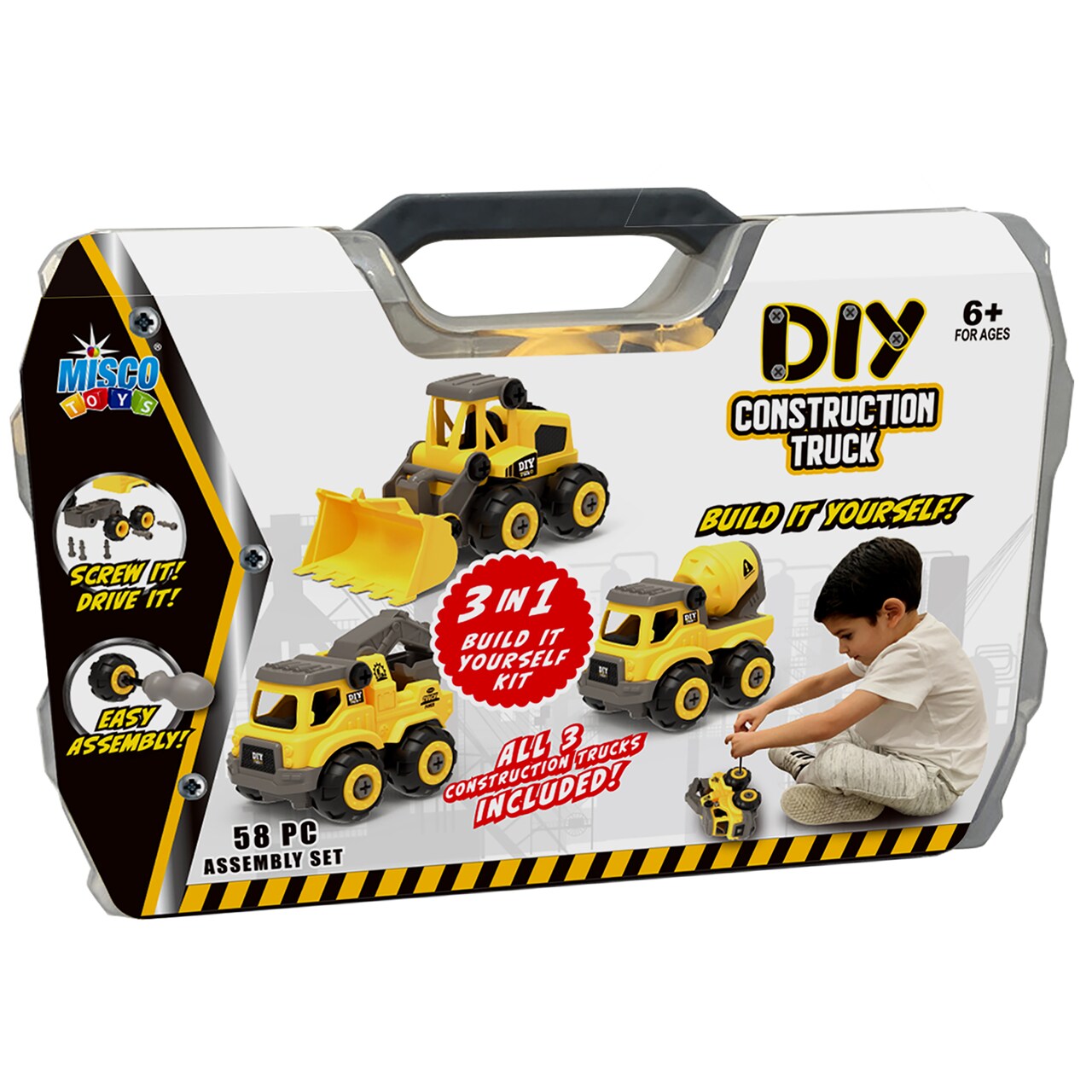 Misco Toys: DIY 3-In-1 Construction Truck - 58pc Assembly Kit, Vehicle Building, Transformation Set, Easy Take Apart & Re-Build, Storage Case, Kids 6+